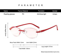 Anti Blue Reading Glasses Women Dimond Cutting Rimless Eyewear Anti Fatigue Hyperopia Presbyopic Glasses +1.5