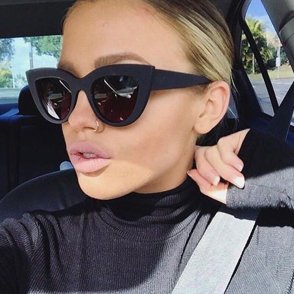 Cat Eye Sunglasses Women Flat Top Oversized Mirror Sun Glasses Ladies Female Black