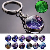 Glow In The Dark 12 Constellation Keychain Zodiac Signs Picture Double Side Cabochon Glass Ball Keychain Birthday Gifts