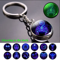 Glow In The Dark 12 Constellation Keychain Zodiac Signs Picture Double Side Cabochon Glass Ball Keychain Birthday Gifts