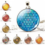 Sri Yantra Necklace Flower of Life Mandala Glass Cabochon Pendant Chain Necklace Buddhism Spiritual Yoga Jewelry To Women