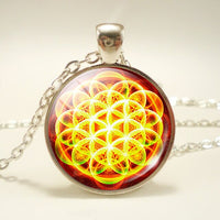 Sri Yantra Necklace Flower of Life Mandala Glass Cabochon Pendant Chain Necklace Buddhism Spiritual Yoga Jewelry To Women