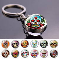 Flower Sugar Skull Keychain Skull Head Glass Ball Key Chains Sugar Skull for Men for Women Christmas Gifts