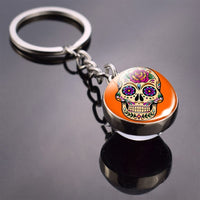 Flower Sugar Skull Keychain Skull Head Glass Ball Key Chains Sugar Skull for Men for Women Christmas Gifts