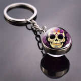 Flower Sugar Skull Keychain Skull Head Glass Ball Key Chains Sugar Skull for Men for Women Christmas Gifts