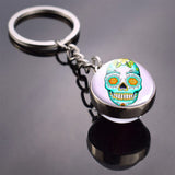 Flower Sugar Skull Keychain Skull Head Glass Ball Key Chains Sugar Skull for Men for Women Christmas Gifts