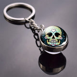 Flower Sugar Skull Keychain Skull Head Glass Ball Key Chains Sugar Skull for Men for Women Christmas Gifts