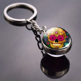 Flower Sugar Skull Keychain Skull Head Glass Ball Key Chains Sugar Skull for Men for Women Christmas Gifts