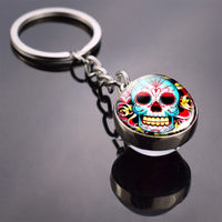 Flower Sugar Skull Keychain Skull Head Glass Ball Key Chains Sugar Skull for Men for Women Christmas Gifts