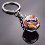 Flower Sugar Skull Keychain Skull Head Glass Ball Key Chains Sugar Skull for Men for Women Christmas Gifts