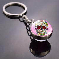 Flower Sugar Skull Keychain Skull Head Glass Ball Key Chains Sugar Skull for Men for Women Christmas Gifts