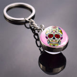 Flower Sugar Skull Keychain Skull Head Glass Ball Key Chains Sugar Skull for Men for Women Christmas Gifts