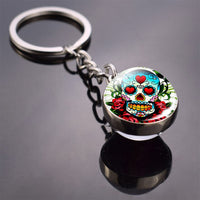 Flower Sugar Skull Keychain Skull Head Glass Ball Key Chains Sugar Skull for Men for Women Christmas Gifts