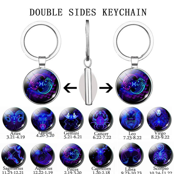 12 Constellation Keychain Astrology Zodiac Aries Taurus Gemini Cancer Leo Virgo Key Chain Holder Double Side