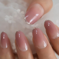 Ombre Nails Oval Pink Gradient Lady Finger Decorative Tips with Glitter Small Line Faux Ongles 24