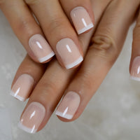 Beige French Nails White Tip Squoval False Nails Short Medium Size Ladies Artificial Manicure Tips for Daily Wear