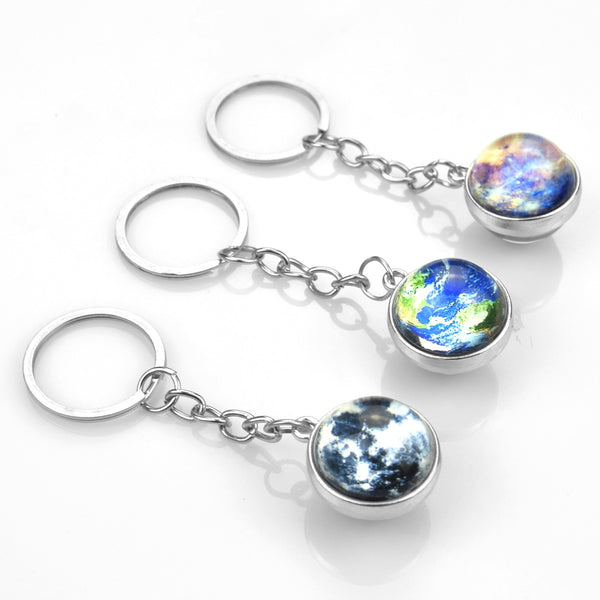 Glowing Earth Solar Eclipse Keychain Double Side Glass Ball Pendant Outer Space Gift Galaxy Sun Keyrings