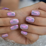 Fantasy Nails Series Pink Purle Short Chrome Holographic Press On Nails Square Natural Shape Charming Manicure Tips 24