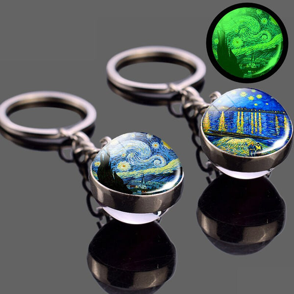 Luminous Van Gogh Sunflower Art Keychain Van Gogh Glass Ball Pendant Car Key Chain Key Ring Keyfob Bag Accessories Glow in Night