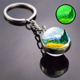 Luminous Van Gogh Sunflower Art Keychain Van Gogh Glass Ball Pendant Car Key Chain Key Ring Keyfob Bag Accessories Glow in Night