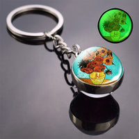 Luminous Van Gogh Sunflower Art Keychain Van Gogh Glass Ball Pendant Car Key Chain Key Ring Keyfob Bag Accessories Glow in Night