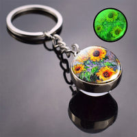 Luminous Van Gogh Sunflower Art Keychain Van Gogh Glass Ball Pendant Car Key Chain Key Ring Keyfob Bag Accessories Glow in Night