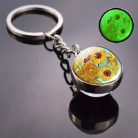 Luminous Van Gogh Sunflower Art Keychain Van Gogh Glass Ball Pendant Car Key Chain Key Ring Keyfob Bag Accessories Glow in Night