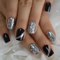 Holographic Silver Glitter Press On Nails Short Style Daily Wear Nude Pink Lady False Nails Oval Shape Nail Art Tips