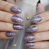 Holographic Silver Glitter Press On Nails Short Style Daily Wear Nude Pink Lady False Nails Oval Shape Nail Art Tips