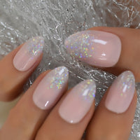 Holographic Silver Glitter Press On Nails Short Style Daily Wear Nude Pink Lady False Nails Oval Shape Nail Art Tips