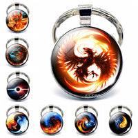 Phoenix Keychain Steampunk Yin Yang Glass Cabochon Keyring Metal Accessories for Men Women Valentines Gift