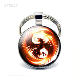 Phoenix Keychain Steampunk Yin Yang Glass Cabochon Keyring Metal Accessories for Men Women Valentines Gift