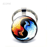 Phoenix Keychain Steampunk Yin Yang Glass Cabochon Keyring Metal Accessories for Men Women Valentines Gift