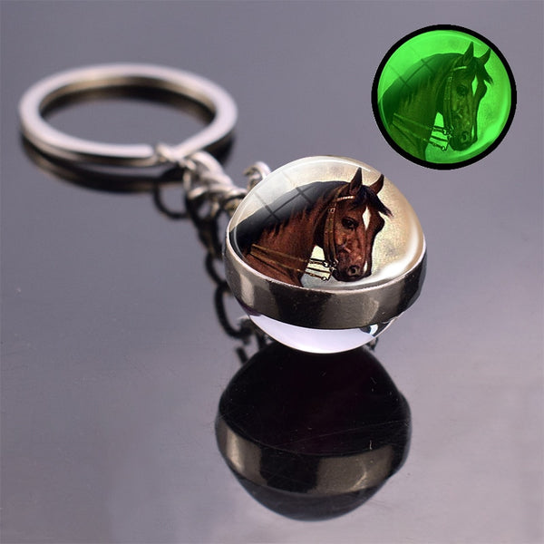 Luminous Horse Photo Glass Ball Keychain Silver Color Metal Pendant Boho Long Keyring Glowing In The Night Key Chain Wholesale