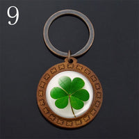 Lucky Four-leaf Clover Keychains Keyrings Clover Photo Glass Cabochon Pendant Keychain Handmade Wooden Keyring Wholesale