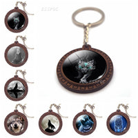 Hot Wolf Wooden Keychain Gothic Wolf Glass Cabochon Pendant Wooden Key Chain Christmas Gift for Men Women