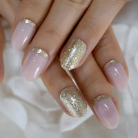 Light Pink Oval Fake Nails Daily Style Gold Glitter MOO Short Nail Art Tips Press on Nails Shimmer Manicure Tip with Adhesive