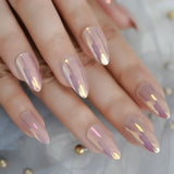 Light Pink Oval Fake Nails Daily Style Gold Glitter MOO Short Nail Art Tips Press on Nails Shimmer Manicure Tip with Adhesive