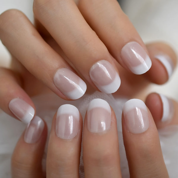 Salon Acrylic French Nails Short Length Ombre Round French Tips Glitter Pattern White Thin False Nail 24 Ct