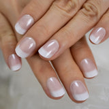 Salon Acrylic French Nails Short Length Ombre Round French Tips Glitter Pattern White Thin False Nail 24 Ct