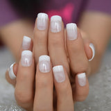 Salon Acrylic French Nails Short Length Ombre Round French Tips Glitter Pattern White Thin False Nail 24 Ct