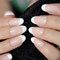 Salon Acrylic French Nails Short Length Ombre Round French Tips Glitter Pattern White Thin False Nail 24 Ct