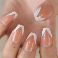 Pearl Shine Pink French Nail White Round Fake Nails Short Glossy Satin Artificial Lady Fingernails with Adhesive