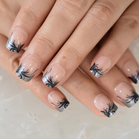 Plastic False Nail Tips Square Artificial Short French Fake Nails With Black Clear Flower Pattern Decoration Design