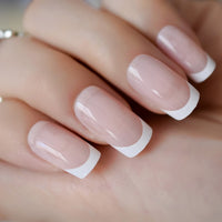 Salon Acrylic French Nails Short Length Ombre Round French Tips Glitter Pattern White Thin False Nail 24 Ct