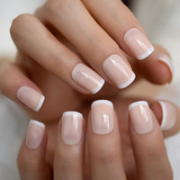 Salon Acrylic French Nails Short Length Ombre Round French Tips Glitter Pattern White Thin False Nail 24 Ct