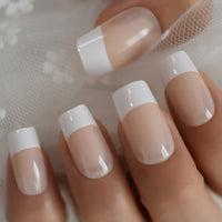 Salon Acrylic French Nails Short Length Ombre Round French Tips Glitter Pattern White Thin False Nail 24 Ct