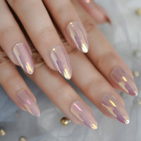 Holographic Silver Glitter Press On Nails Short Style Daily Wear Nude Pink Lady False Nails Oval Shape Nail Art Tips