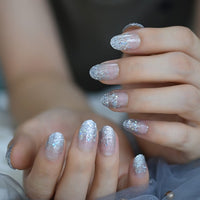 Holographic Silver Glitter Press On Nails Short Style Daily Wear Nude Pink Lady False Nails Oval Shape Nail Art Tips