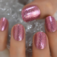 Holographic Silver Glitter Press On Nails Short Style Daily Wear Nude Pink Lady False Nails Oval Shape Nail Art Tips